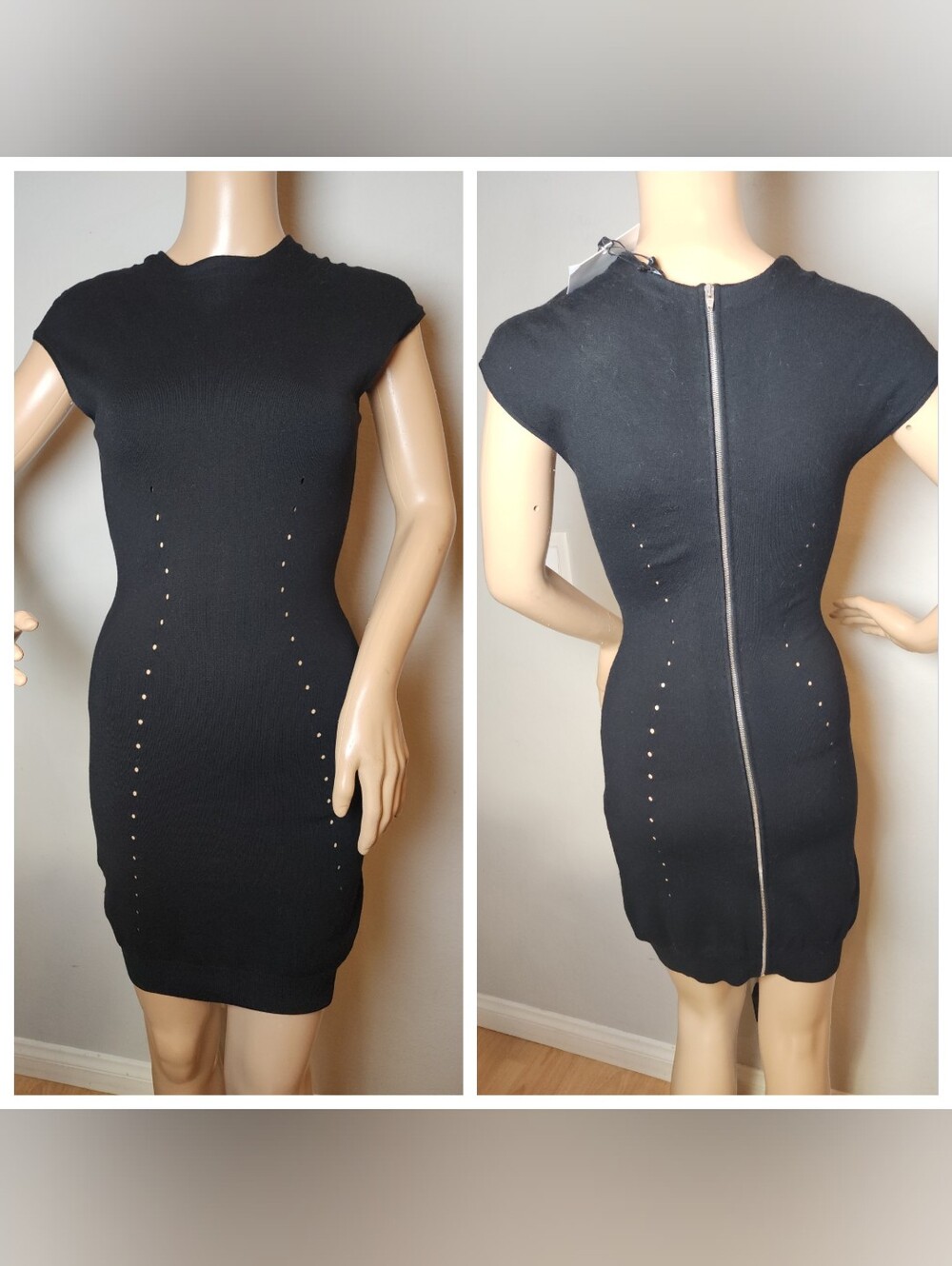 NWT Alexander Wang Wool Pointelle Black Mini Dress Cap Sleeve Zip Back Size XS